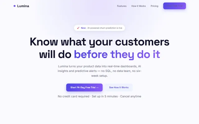 Lumina Analytics demo homepage: a clean light SaaS page with an animated dashboard mockup