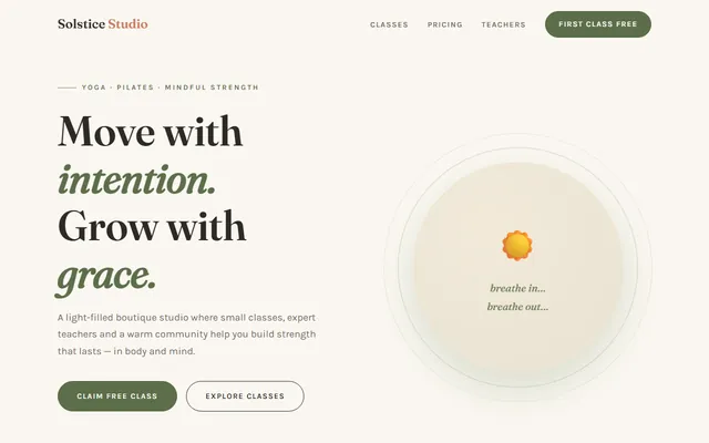 Solstice Studio demo homepage: a calm cream and sage wellness page with a breathing-circle motif