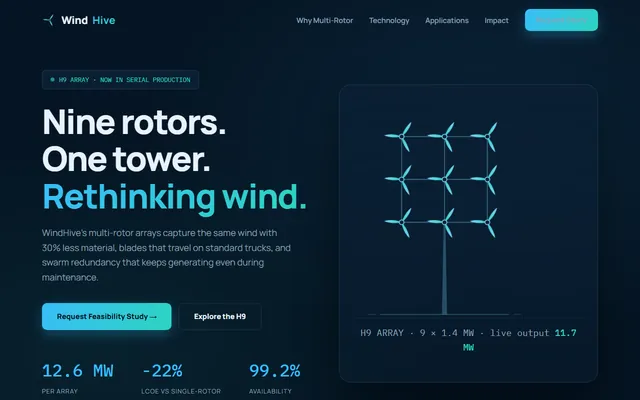 WindHive Energy demo homepage: a deep navy clean-tech page with an animated nine-rotor wind turbine